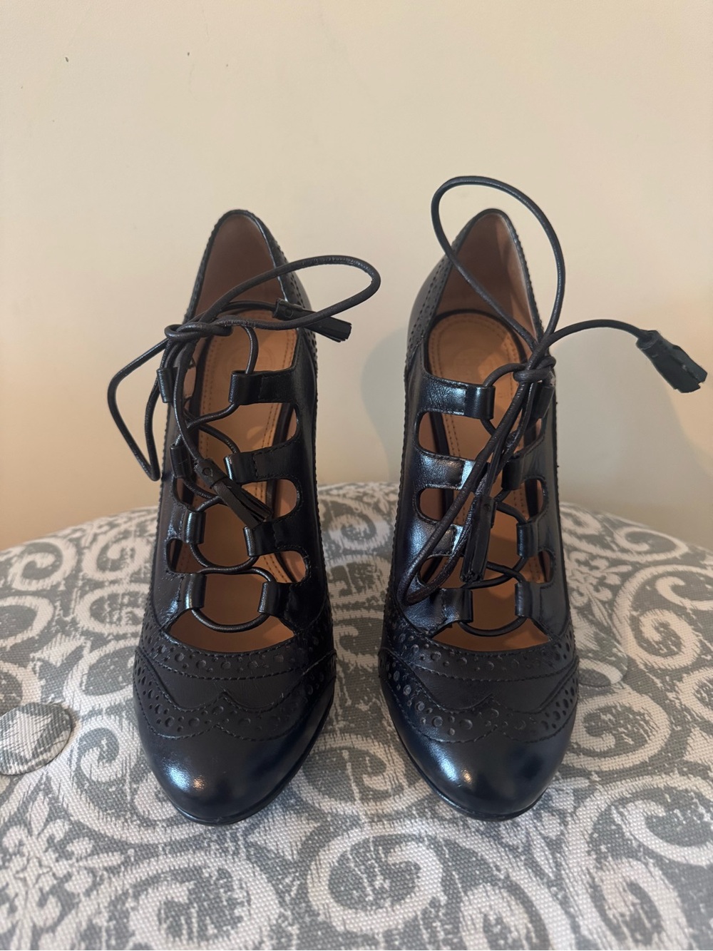 Tory Burch Lace Up Ghillie Oxford Black Leather Pumps Astrid High Heel